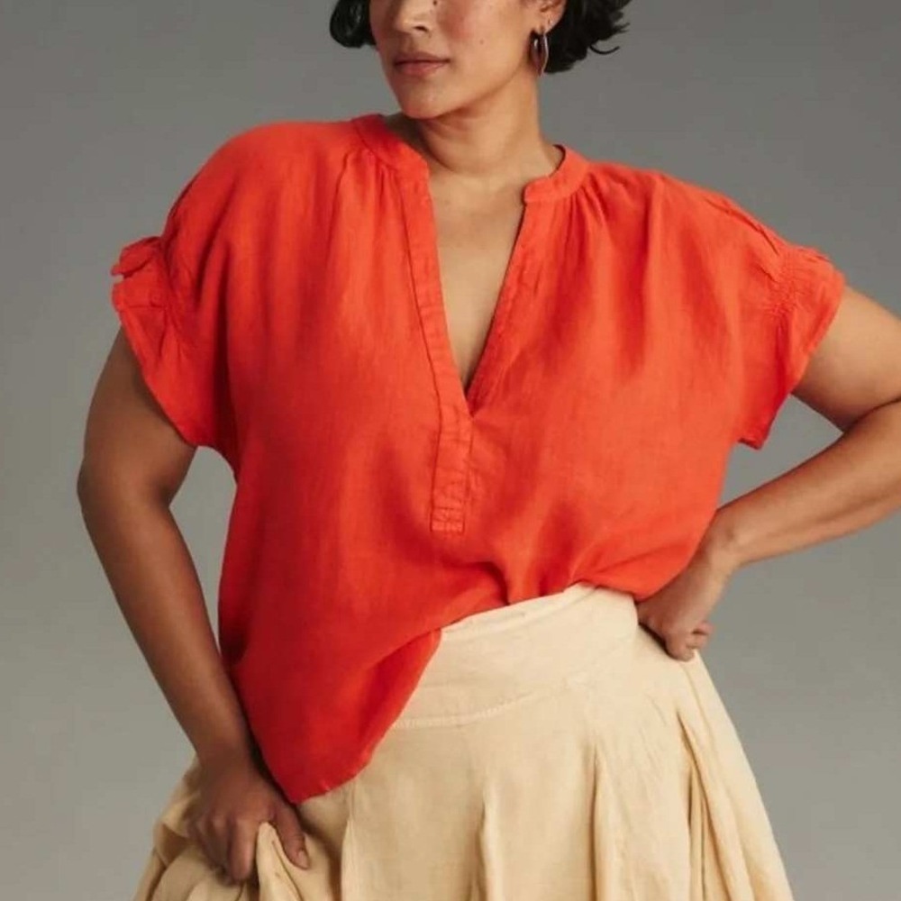 Pilcro Tatum Linen Flutter Sleeve Blouse Orange V-Neck Womens Large